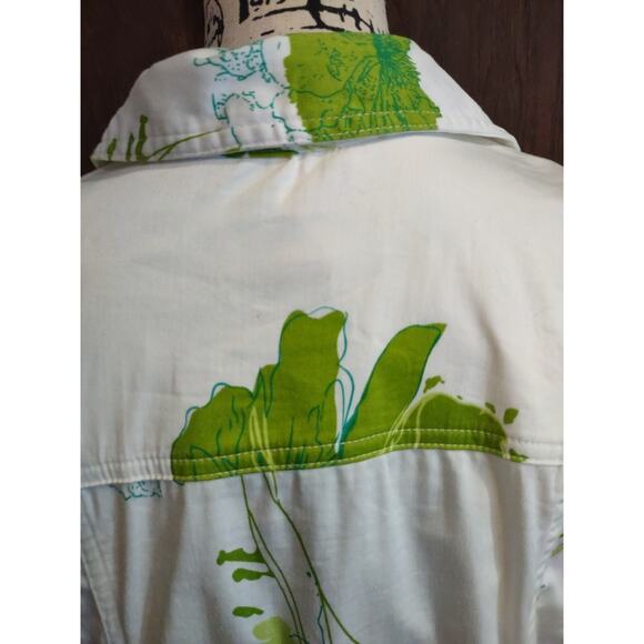 Denim top Floral Size Medium Summer Botanical Art 3/4 Sleeve White Green Jacket - Picture 5 of 7